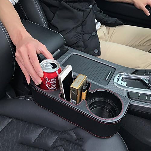 IOKONE Car Cup Holder  Auto Cup Drink Holders Multifunctional Auto Front Seat Organizer with PU Leather Cover  Gap Filler Storage Box Coin Bucket Console Side Pocket Cell Mobile Phone Holder (Black) - Image 2